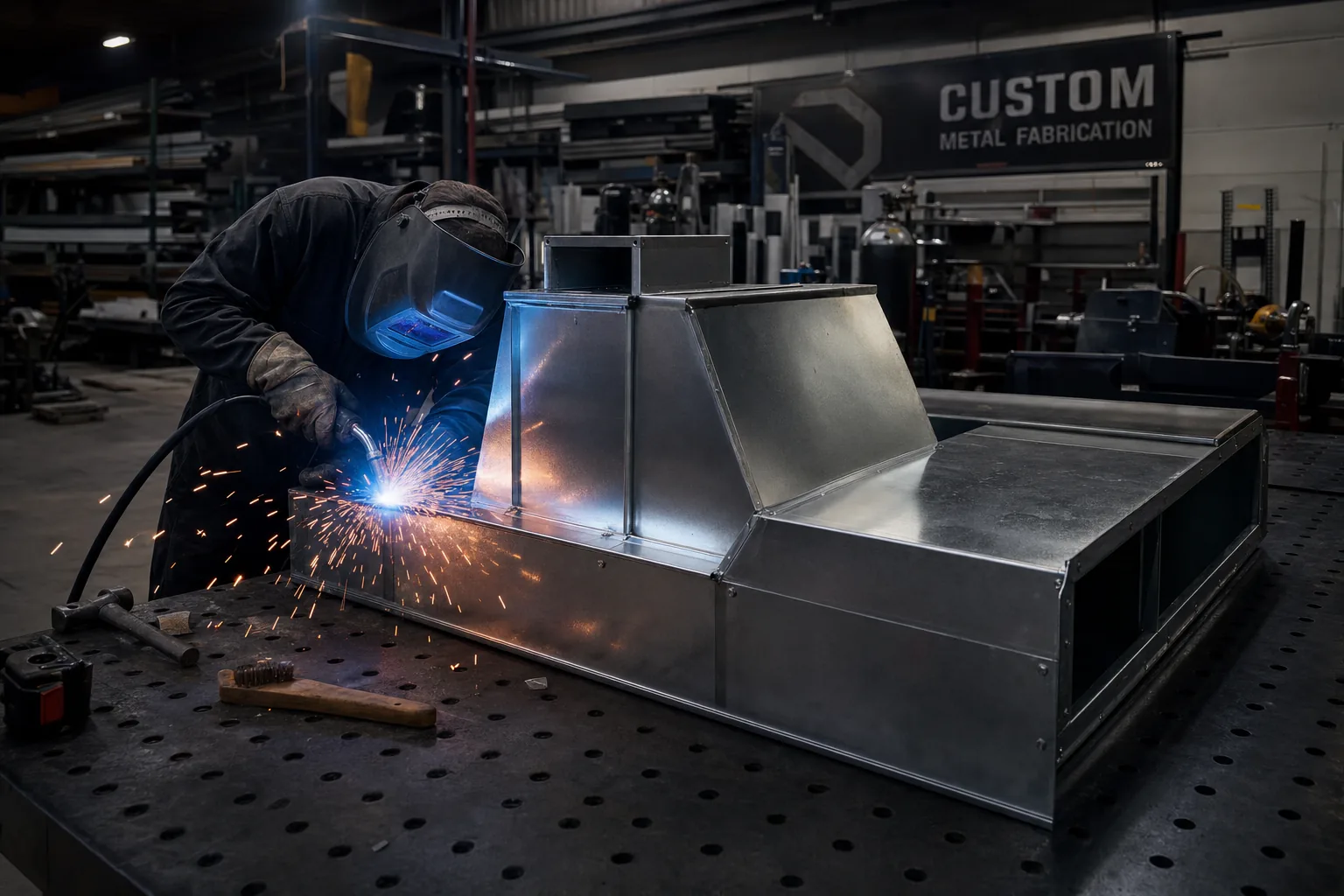 Certified welder fabricating sheet metal in the WDR shop