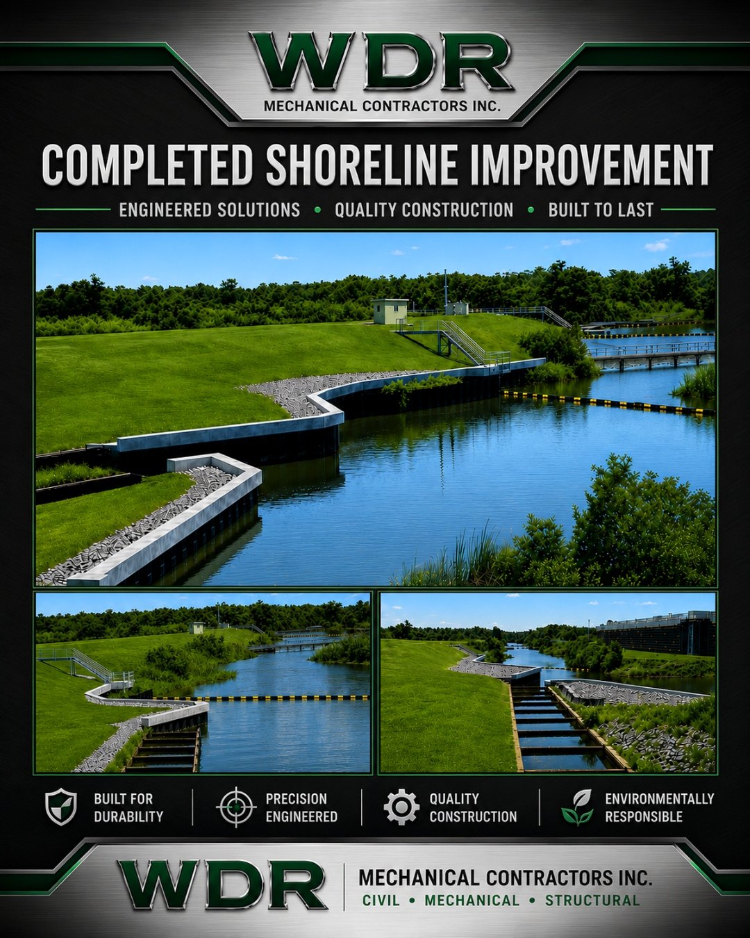 Completed shoreline improvement with engineered concrete and riprap