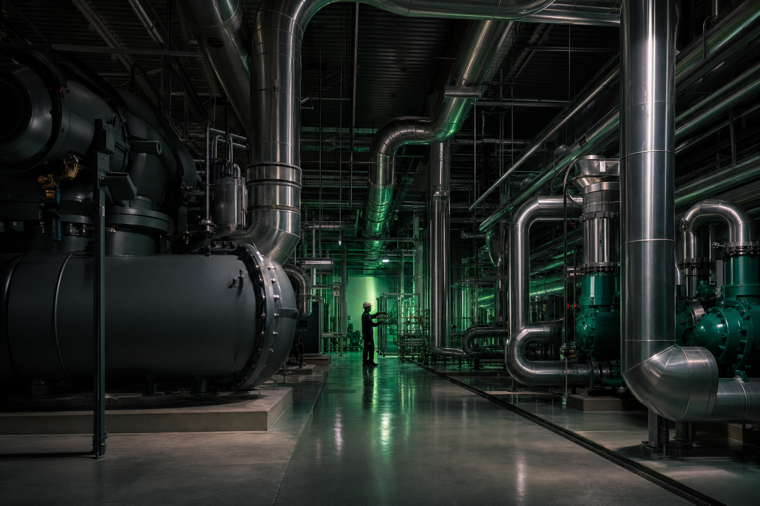 Industrial mechanical room with stainless steel process piping and equipment