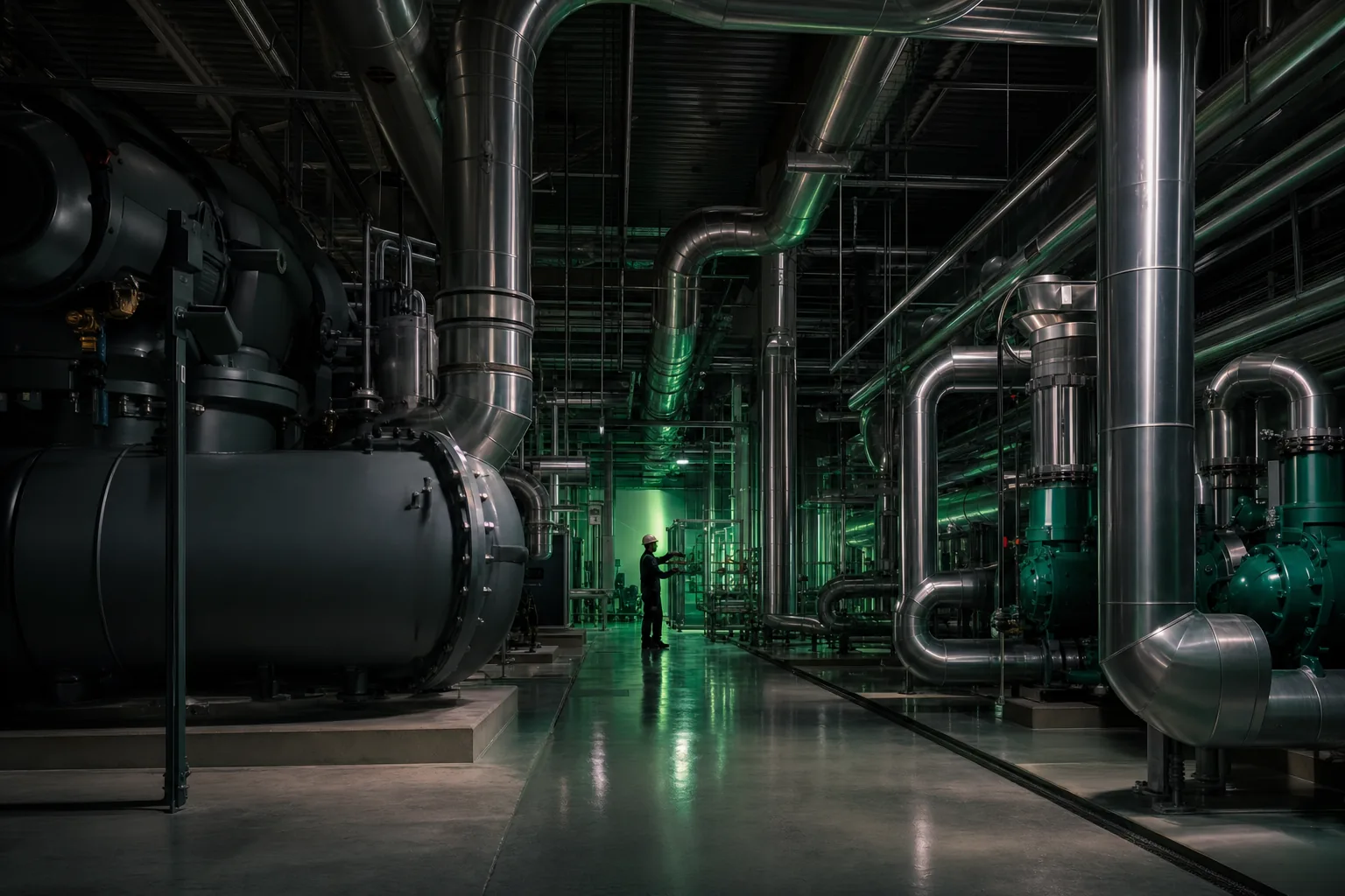 Industrial mechanical room with stainless steel process piping and equipment