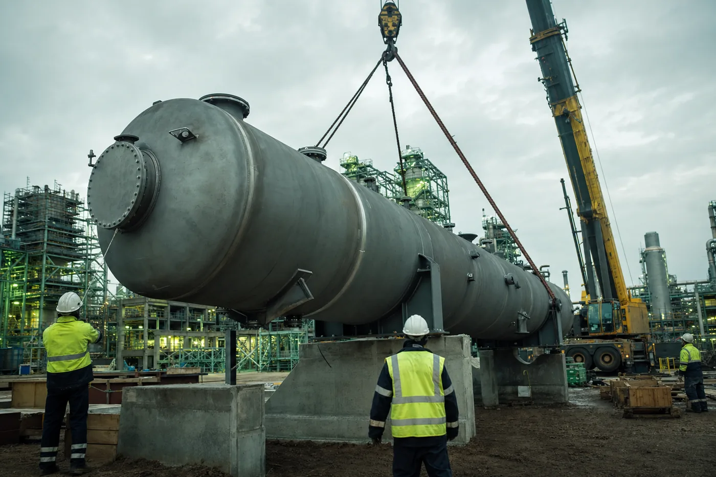 Large industrial vessel being set at a processing plant